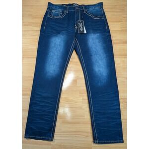 True Luck Mens Straight Leg Jeans 34x32 Dark Wash Classic Stretch TL24081005 NWT